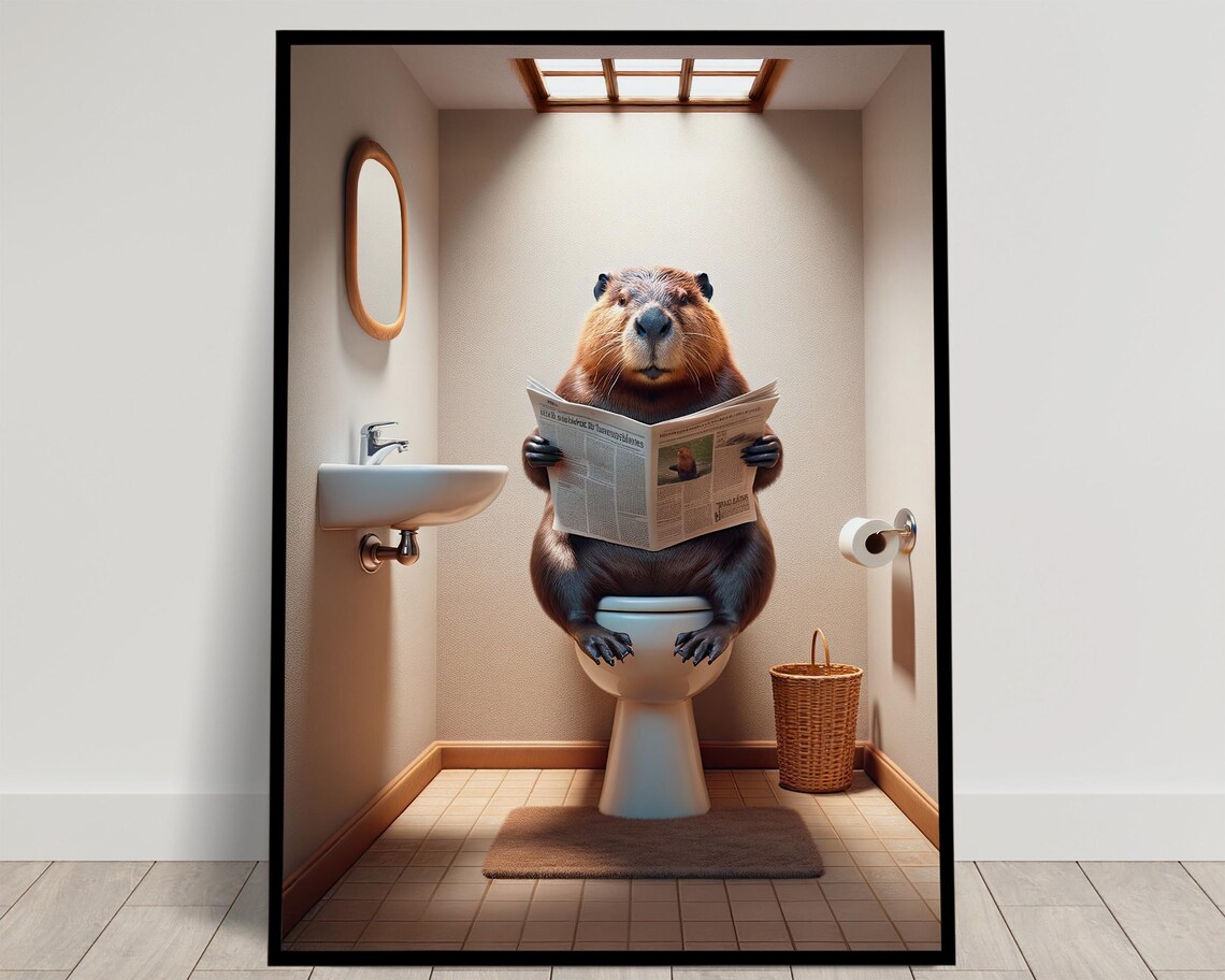 Beaver Reading the Newspaper on the Toilet Funny Bathroom Poster