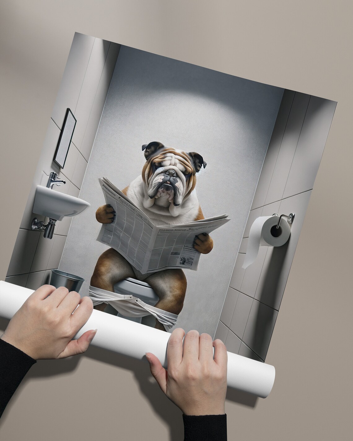 English Bulldog Reading Newspaper on the Toilet Funny Bathroom Poster - Image 2