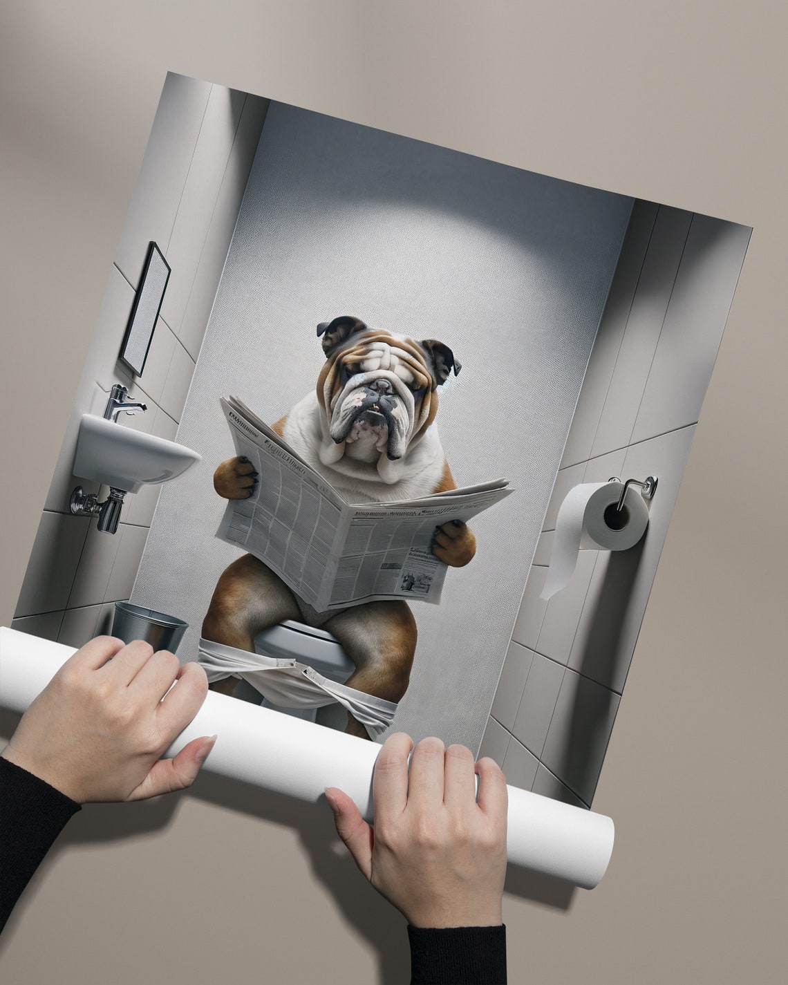 Photograph Of An English Bulldog Reading The Newspaper On The Toilet Fun Bathroom Decor Bathroom Wall Art Wc Toilet Poster Unique Gift - Image 2