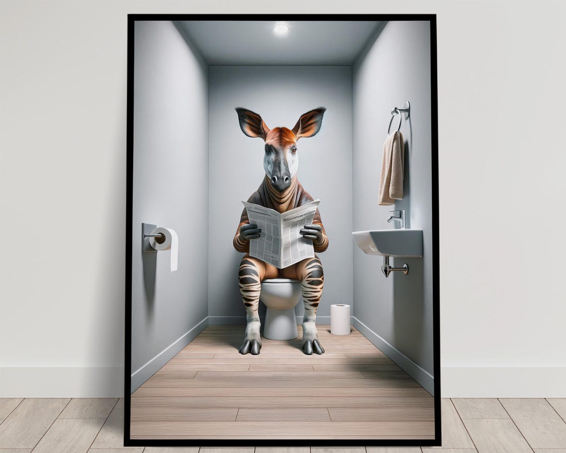 Photograph Of An Okapi Reading The Newspaper On The Toilet Funny Bathroom Decor Bathroom Wall Art Wc Toilet Poster Unique Gag Gift