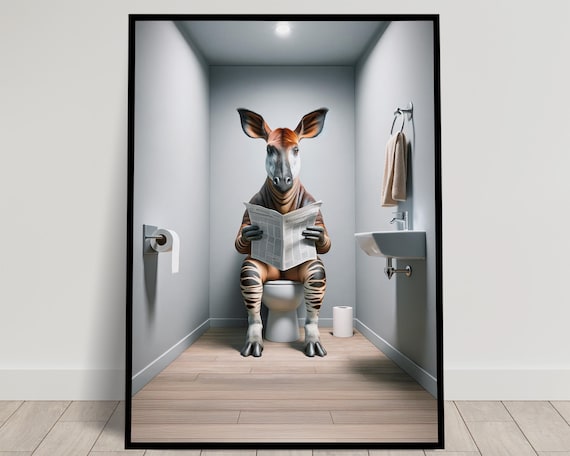 Curious Okapi Reading Newspaper On The Toilet Funny Bathroom Poster