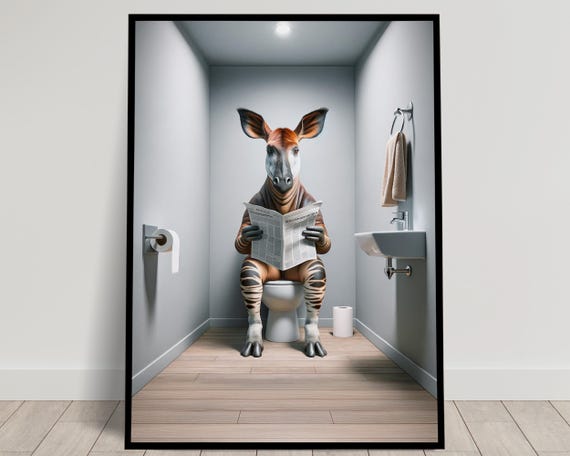 Photograph Of An Okapi Reading The Newspaper On The Toilet Funny Bathroom Decor Bathroom Wall Art Wc Toilet Poster Unique Gag Gift