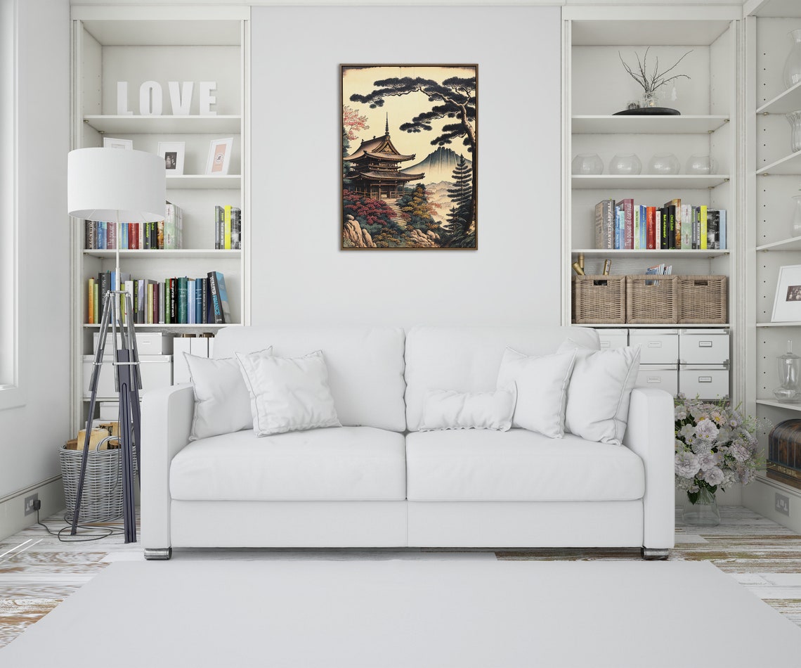 Japanese Temple with Mount Fuji Ukiyo E Style Landscape Poster - Image 4