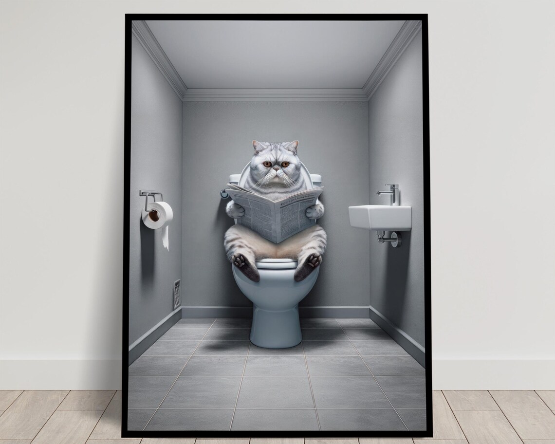 Silver Shaded Cat Reading Newspaper On The Toilet Funny Bathroom Poster
