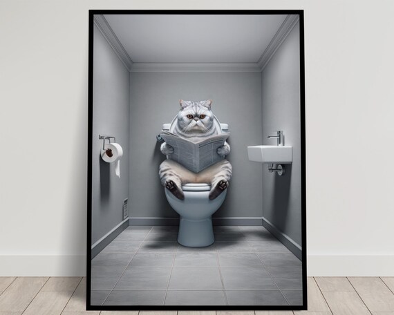 Silver Shaded Cat Reading Newspaper On The Toilet Funny Bathroom Poster