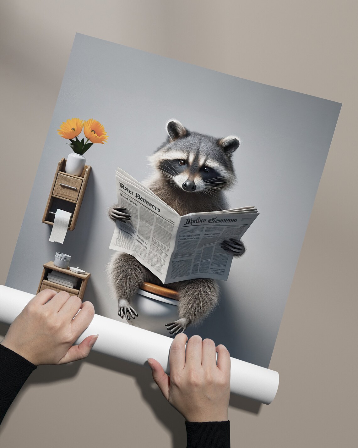 Photograph Of A Raccoon Reading The Newspaper On The Toilet Funny Bathroom Decor Bathroom Wall Art Wc Toilet Poster Unique Funny Gift - Image 2