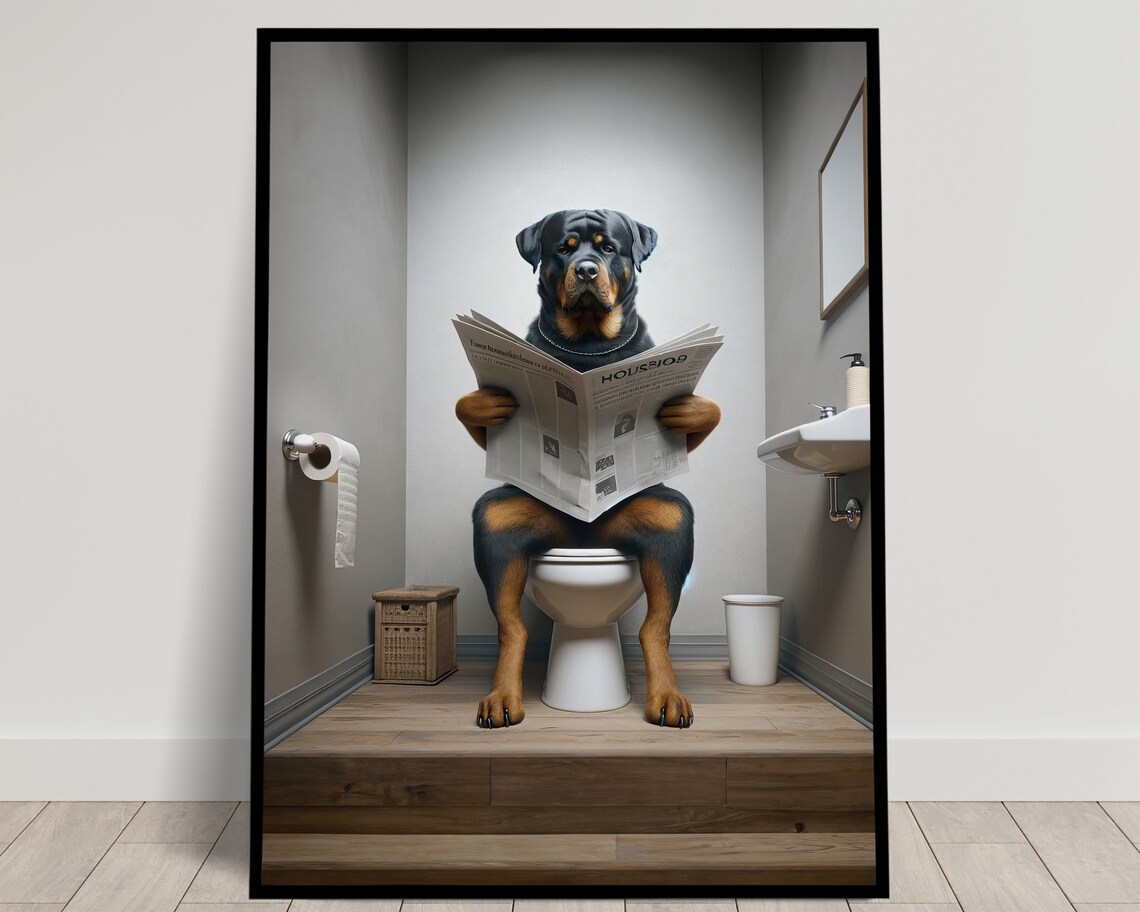 Rottweiler Reading Newspaper Humor Poster Print