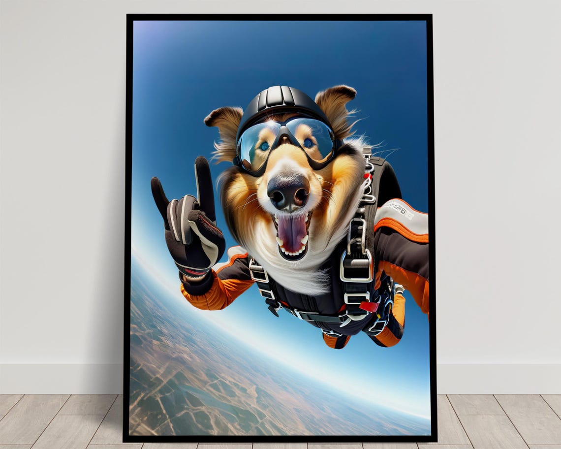 Epic Skydiving Collie Dog In Parachute Gear Goggles Art Poster