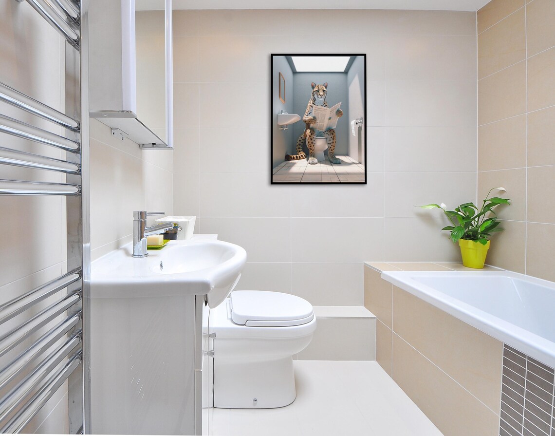 Funny Ocelot Reading Newspaper On Toilet Wild Cat Bathroom Humor Poster - Image 2