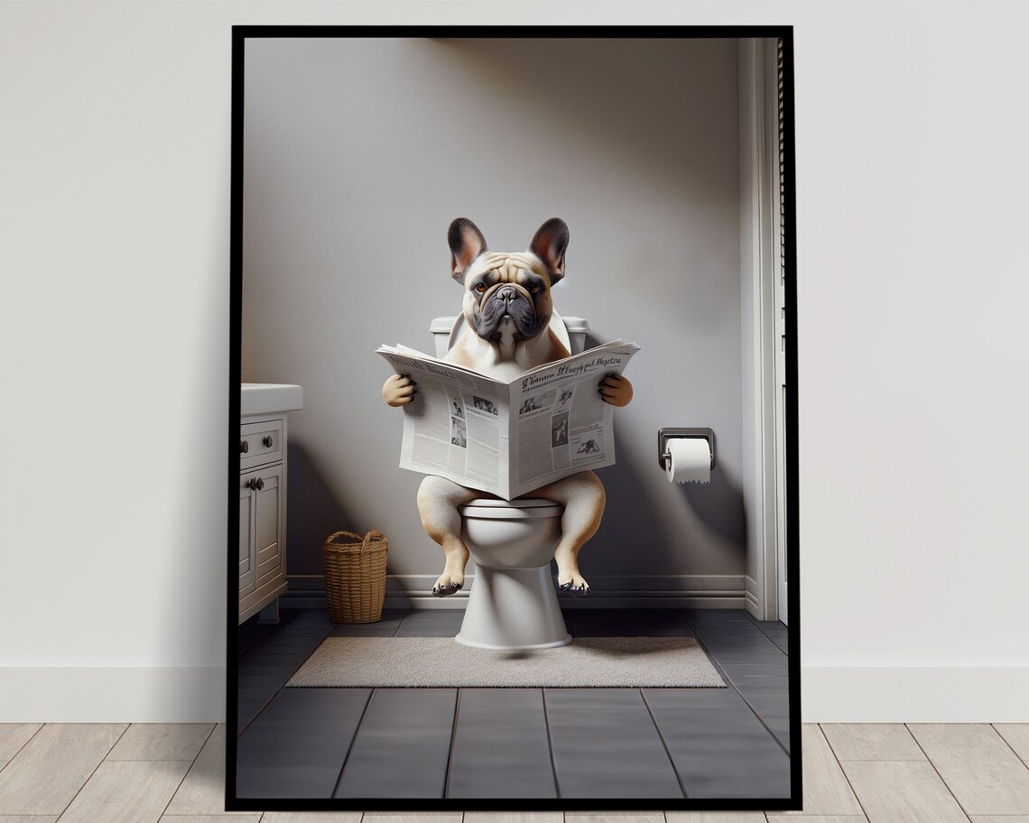 French Bulldog Reading Newspaper, Funny Bathroom Poster