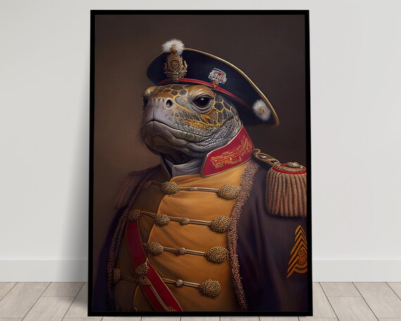 Portrait Of A Turtle In Military Uniform Heroic Tortoise Wall Print Antique Painting Turtle Poster