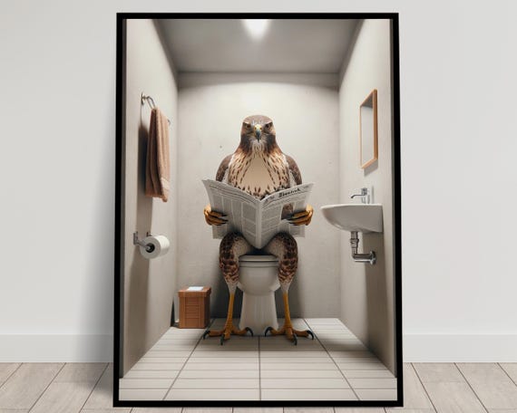 Photograph Of A Hawk Reading The Newspaper On The Toilet Funny Bathroom Decor Bathroom Wall Art Wc Toilet Poster Unique Gag Gift