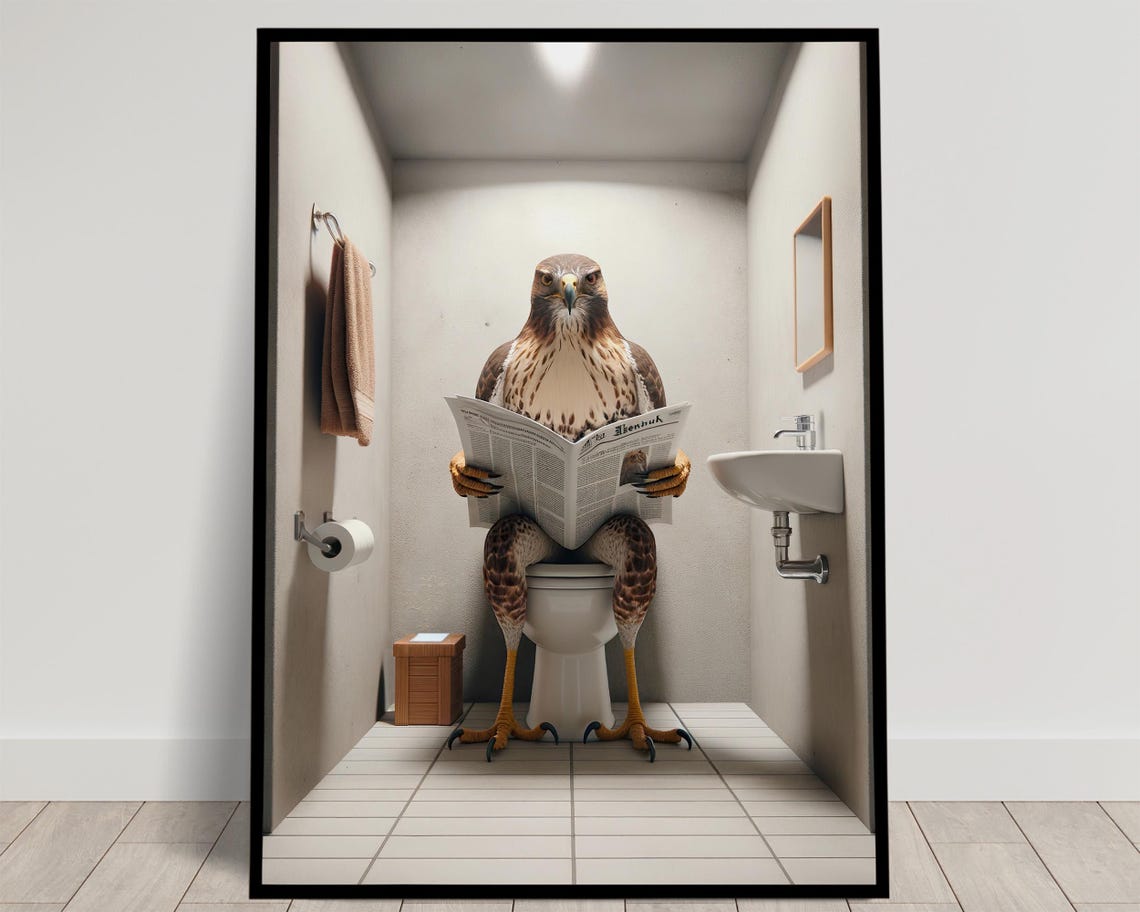 Hawk Reading the Newspaper on the Toilet Funny Bathroom Poster