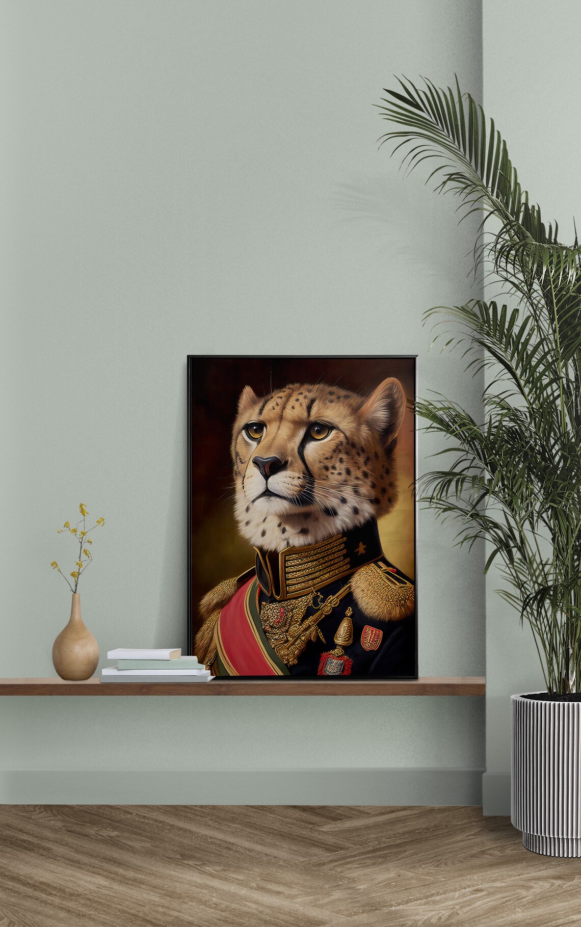Portrait Of A Cheetah In Military Uniform Art Print - Image 3