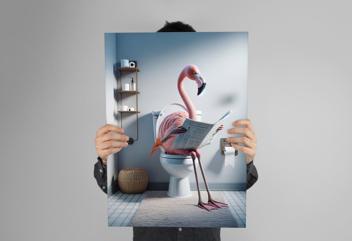 Photograph Of A Flamingo Reading The Newspaper On The Toilet Funny Bathroom Decor Bathroom Wall Art Wc Toilet Poster Unique Funny Gift - Image 3