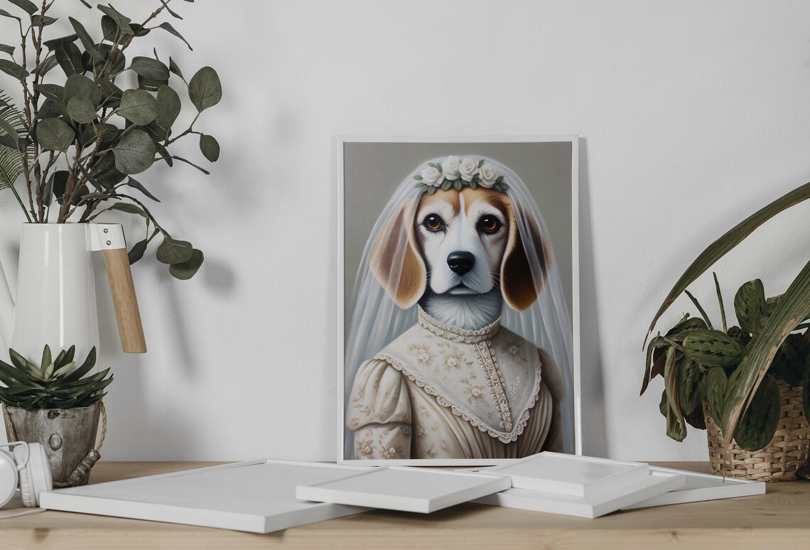 Beagle Bride in Wedding Dress with Floral Veil Dog Portrait Poster - Image 2