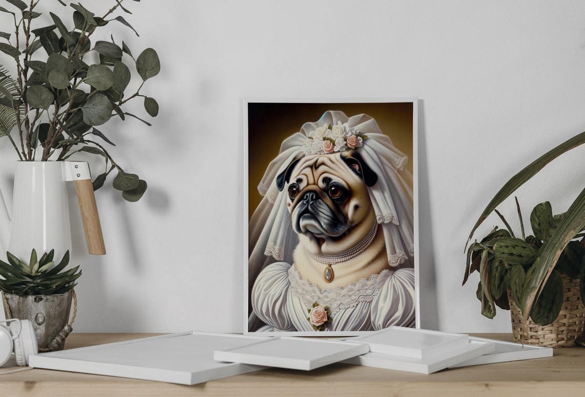 Pug Bride in Wedding Dress Veil and Pearls Funny Dog Wedding Poster - Image 2