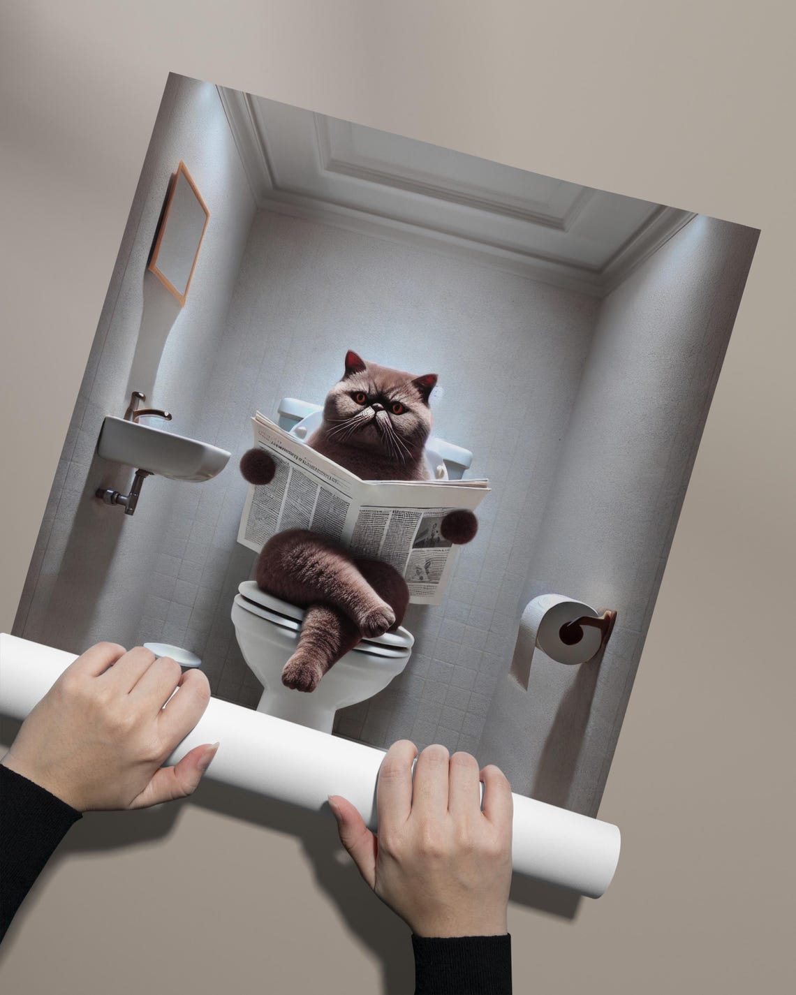 Chocolate Brown Cat Reading Newspaper On Toilet Funny Bathroom Poster - Image 2