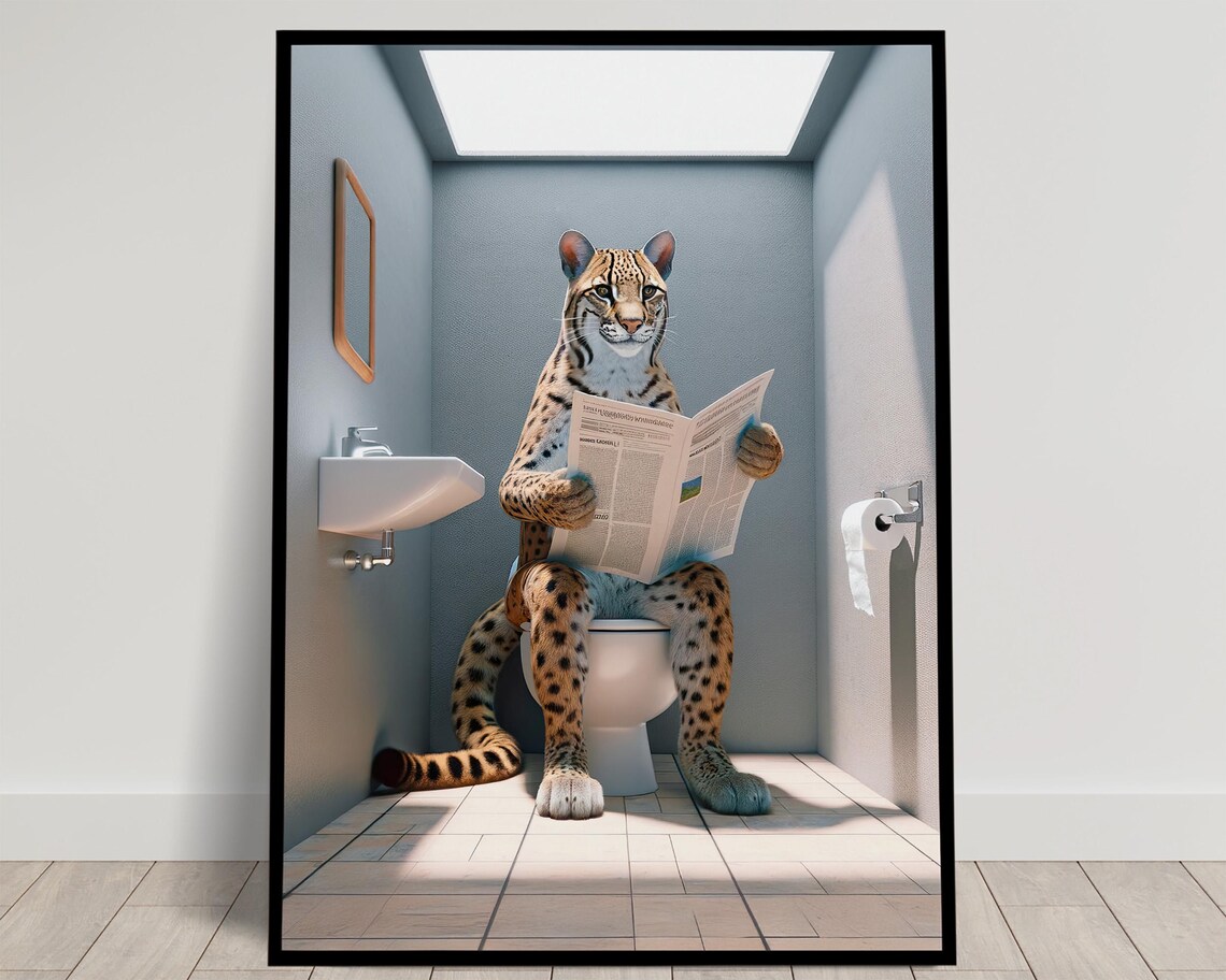 Funny Ocelot Reading Newspaper On Toilet Wild Cat Bathroom Humor Poster