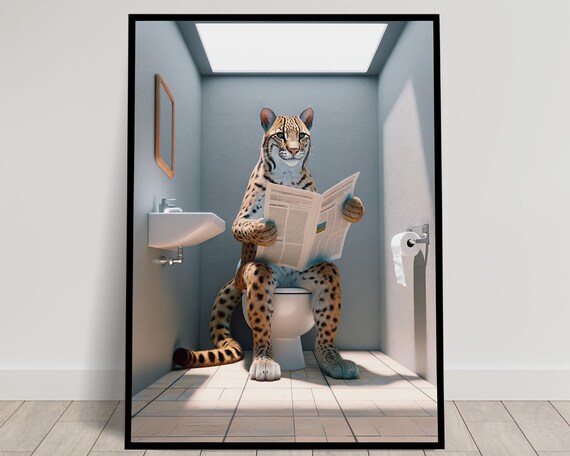 Funny Ocelot Reading Newspaper On Toilet Wild Cat Bathroom Humor Poster
