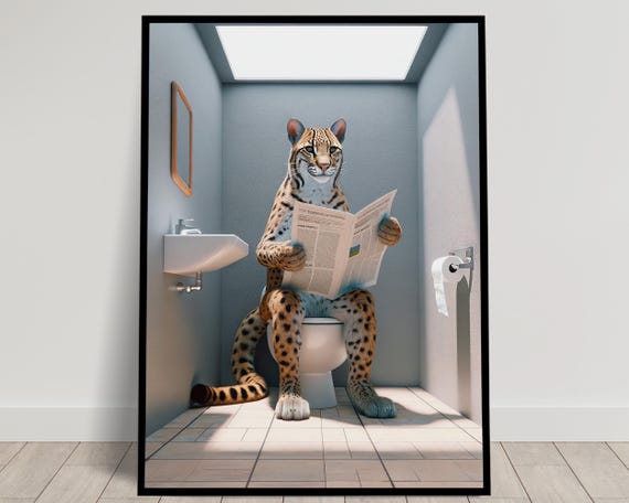 Photograph Of A Ocelot Reading The Newspaper On The Toilet Funny Bathroom Decor Bathroom Wall Art Wc Toilet Poster Unique Gag Gift
