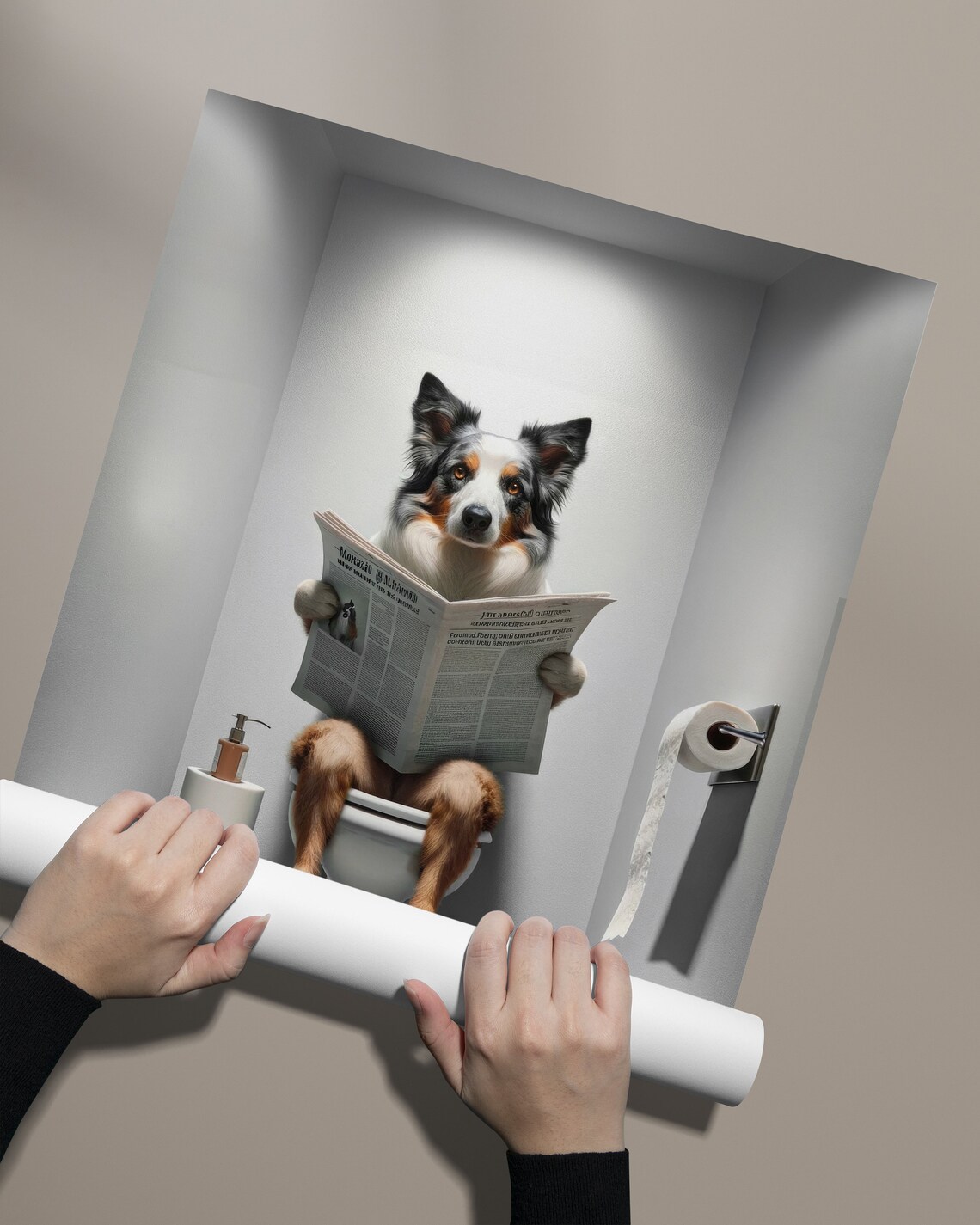 Funny Border Collie On Toilet Reading Newspaper Tri Color Dog Humor Poster - Image 2