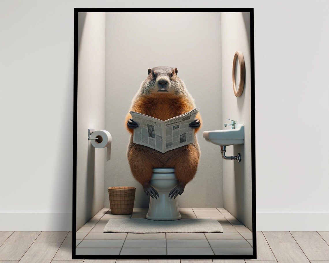 Groundhog Reading Newspaper Toilet Humor Poster