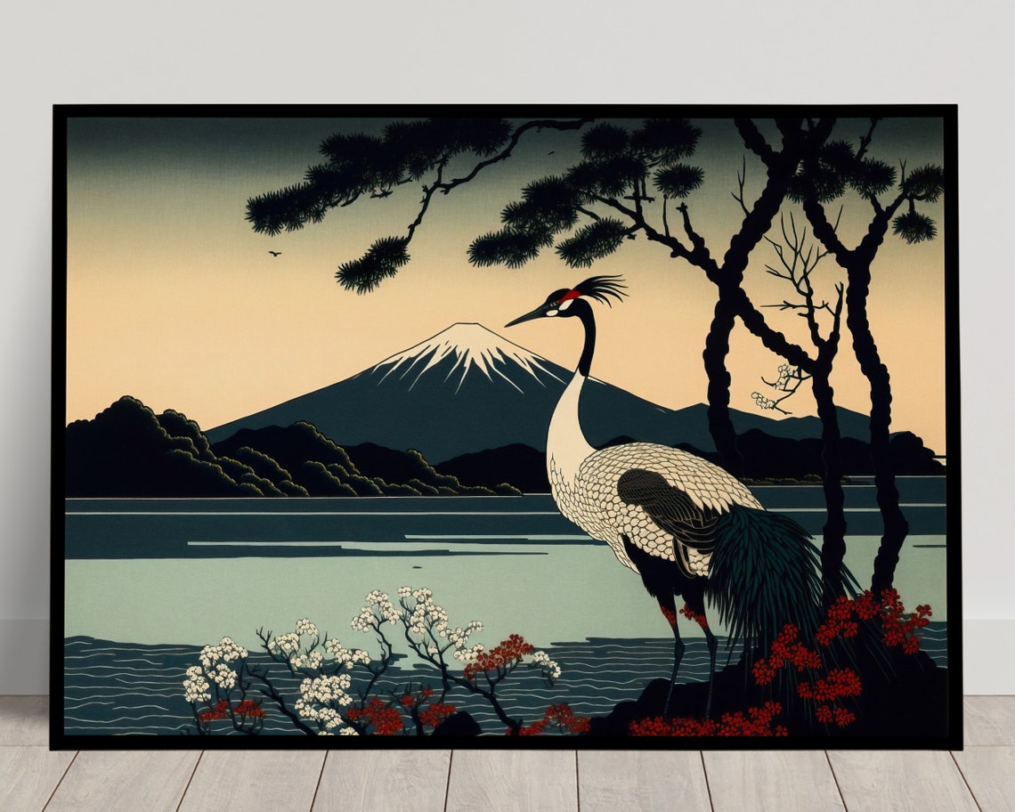 Red Crowned Crane At Sunrise Japanese Art Style Mount Fuji Poster