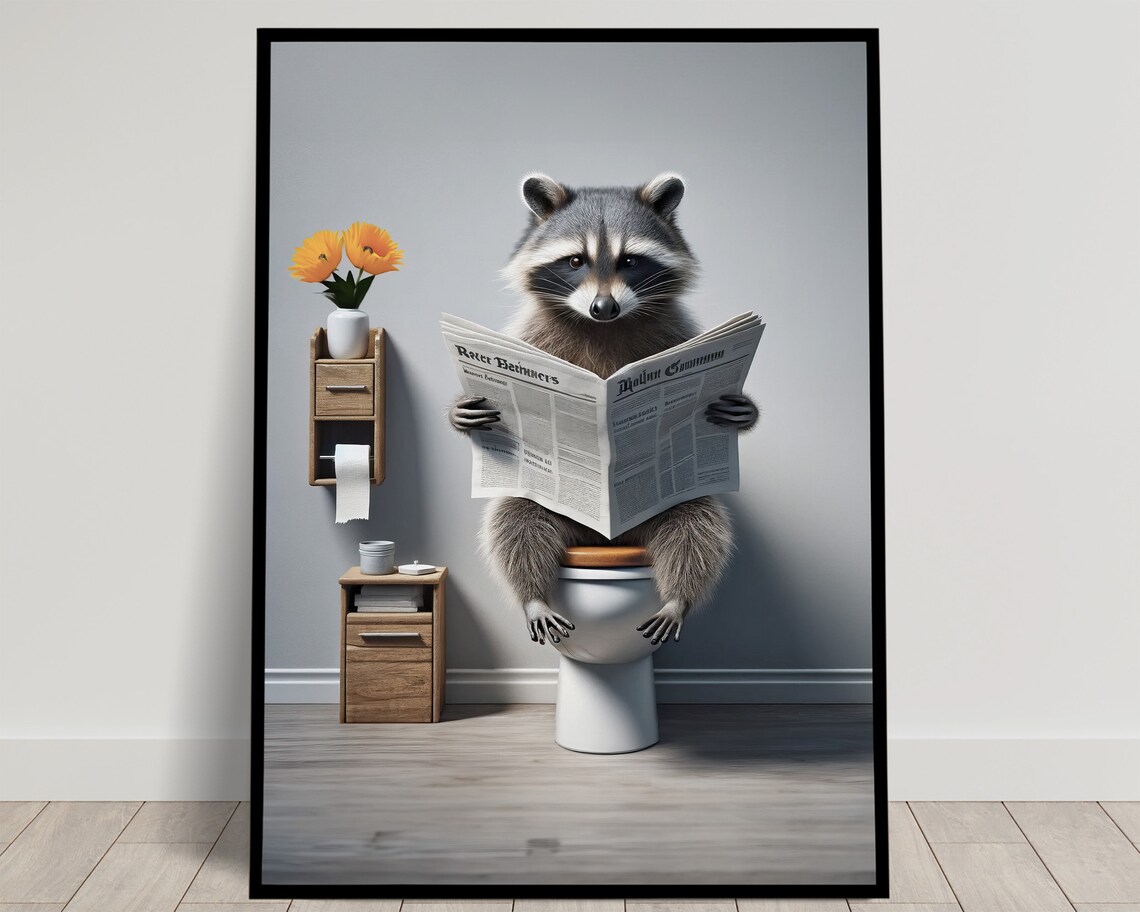 Funny Raccoon Reading Newspaper On Toilet Cute Bathroom Animal Poster