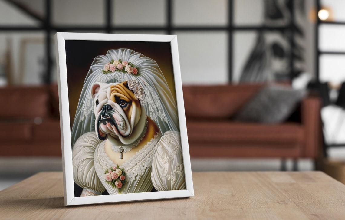 English Bulldog Bride in Wedding Gown Veil and Rose Bouquet Poster - Image 4