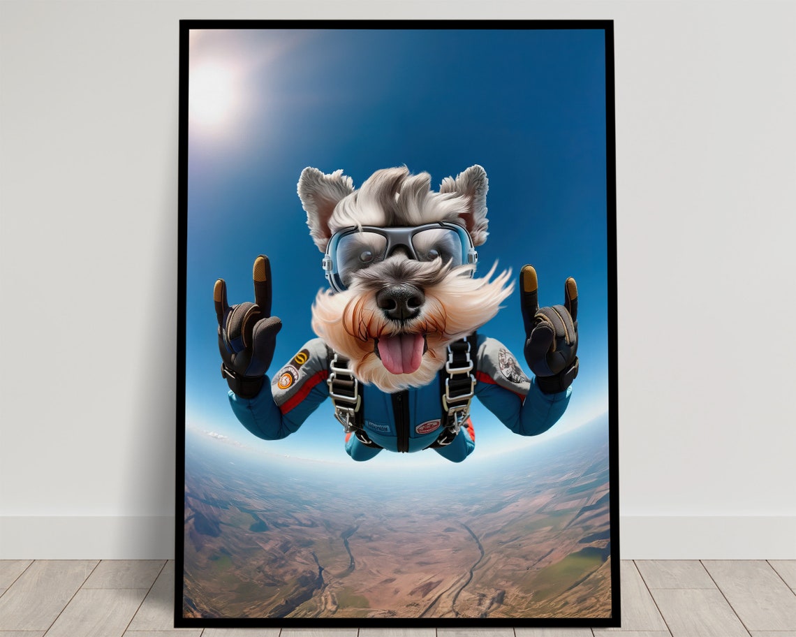 Miniature Schnauzer Skydiving Rock On Sign Epic Freefall Dog Poster