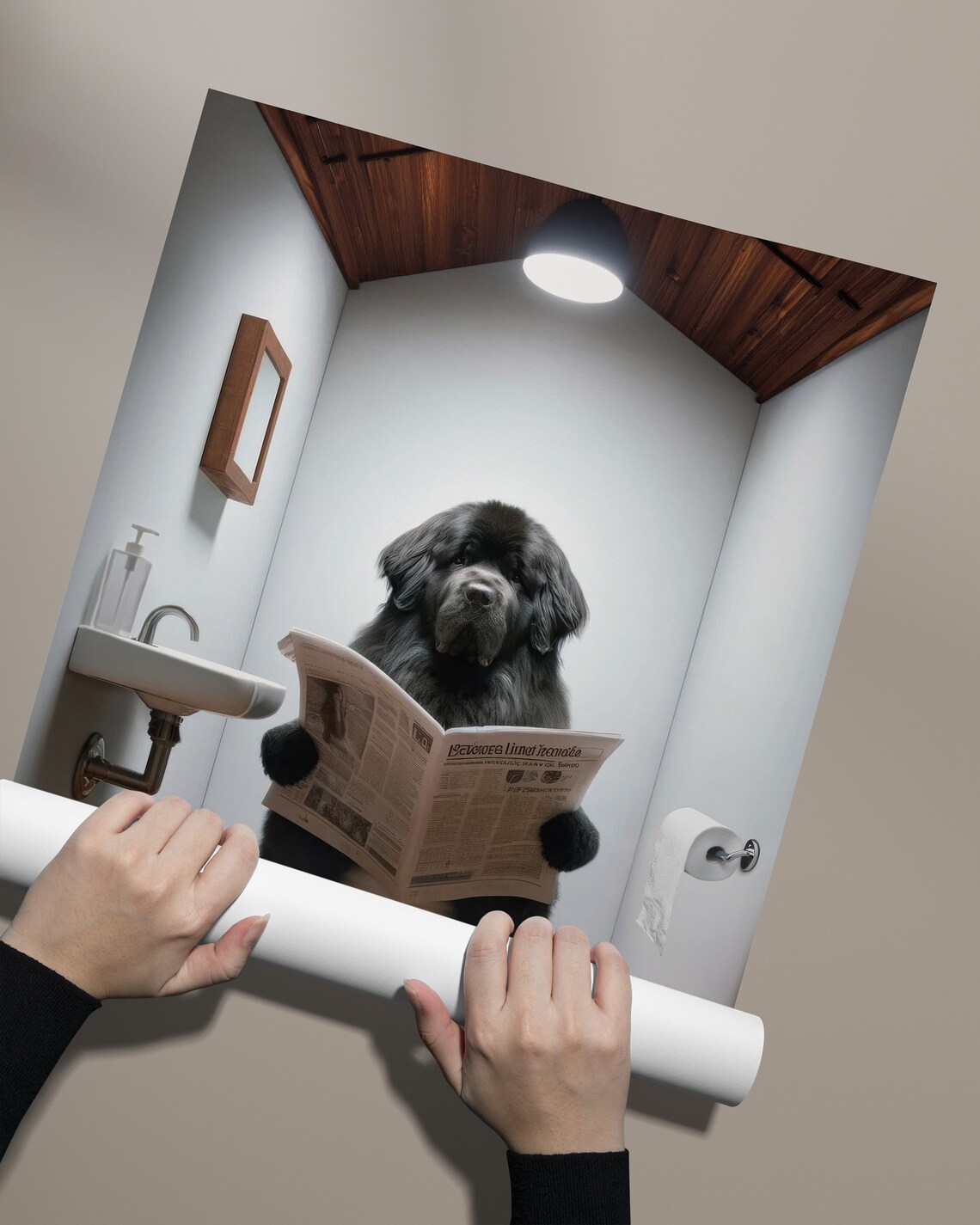 Black Newfoundland Reading Newspaper Bathroom Poster - Image 2