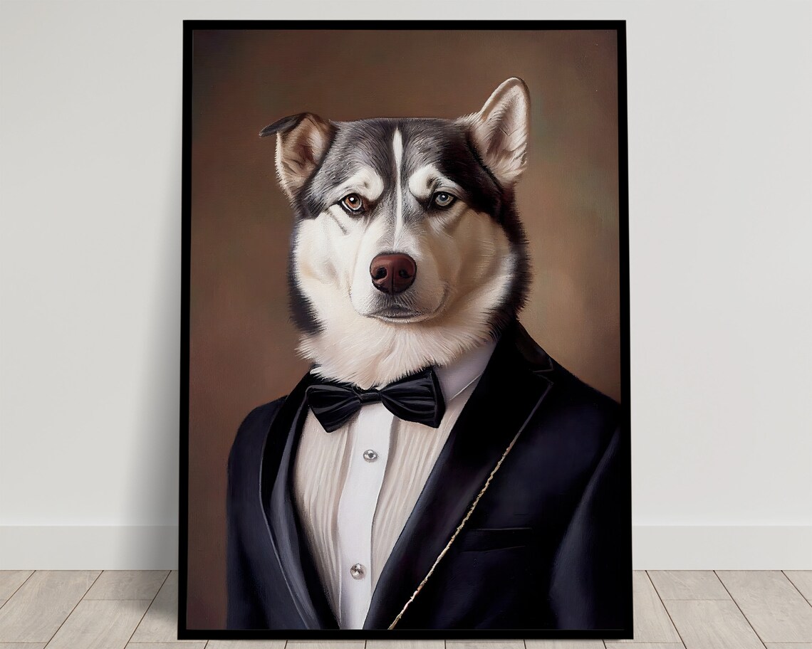 Portrait Of A Husky In A Tuxedo Art Print