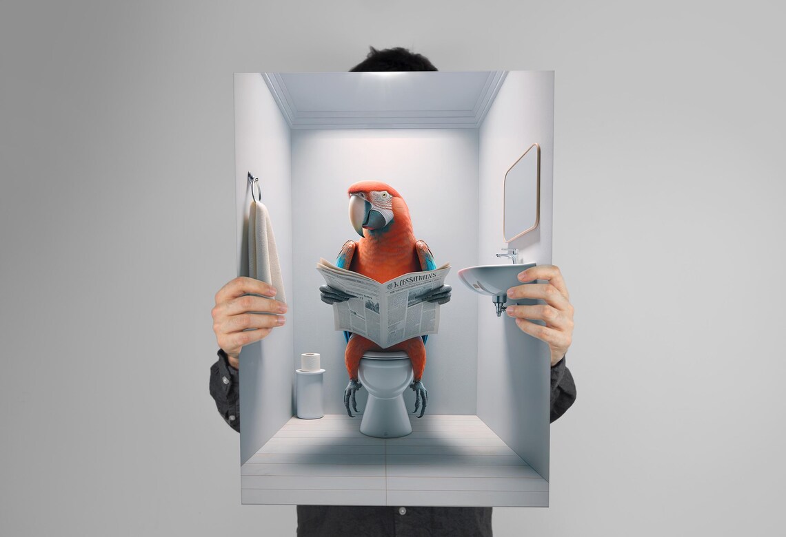Macaw Reading The Newspaper On The Toilet, Poster - Image 3