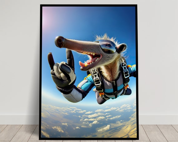 Photograph Of A Skydiving Anteater In Free Fall Epic Wall Art Animal Print Free Fall Poster Extreme Sport Decor Funny Animal Lover Gift