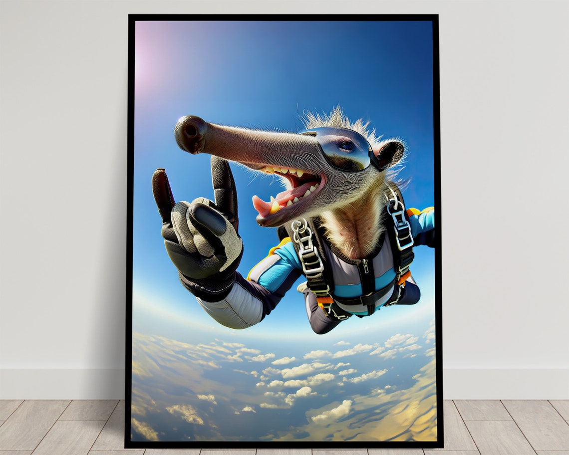 Giant Anteater Skydiving With Goggles Epic Freefall Wild Animal Poster