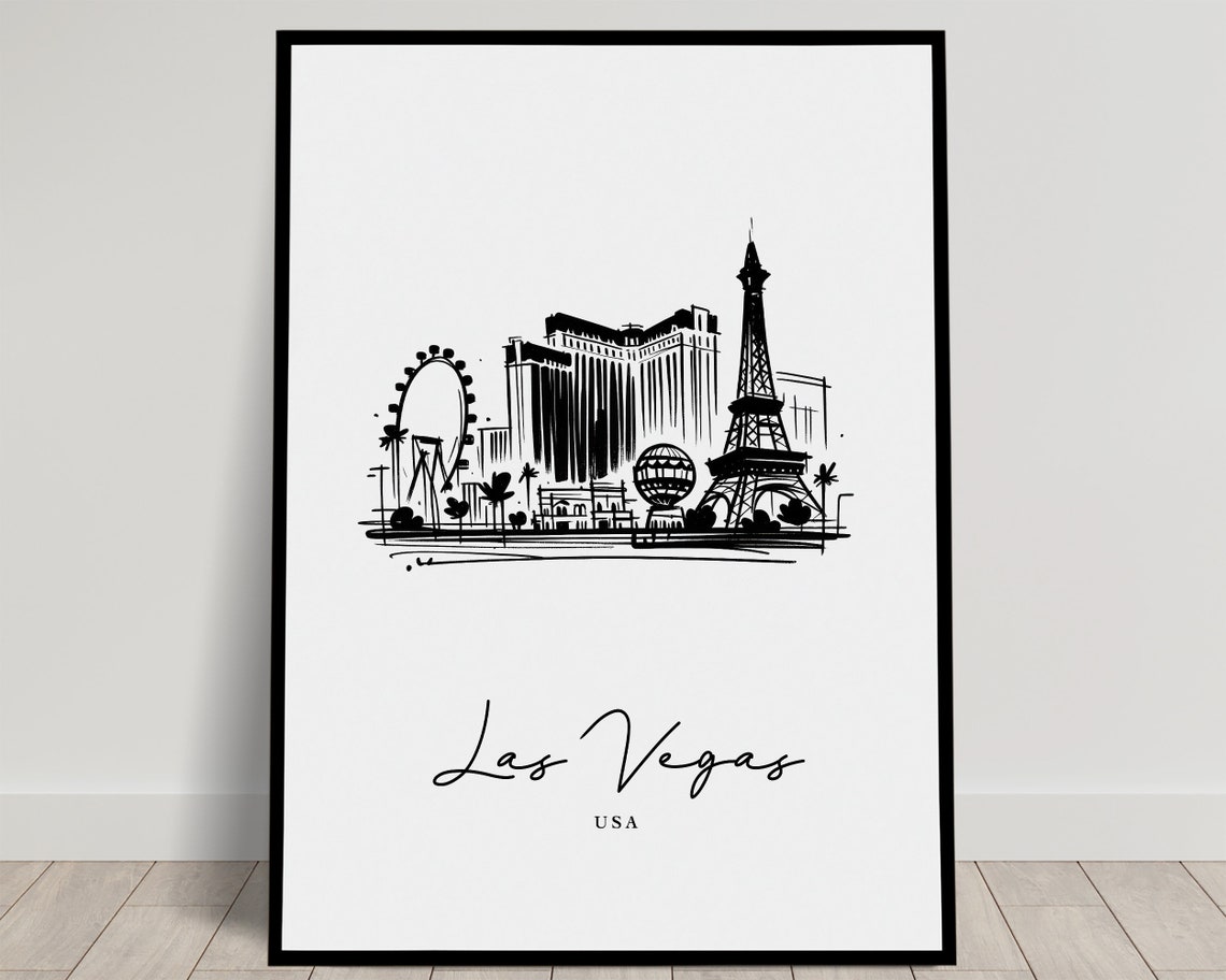 Las Vegas Poster Black And White Sketch Of Las Vegas Landmarks Living Room Wall Art Bedroom Decor Office Poster Unique Travel Gift Idea