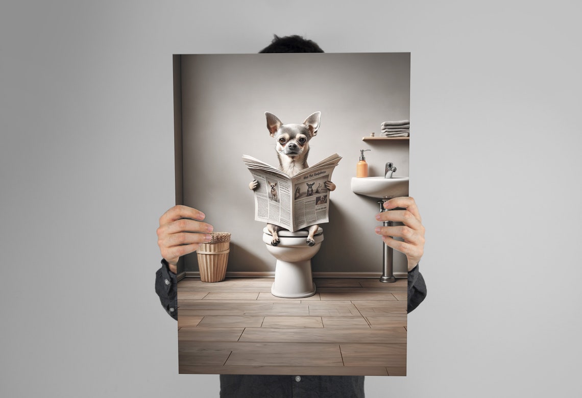 Chihuahua Reading Newspaper On The Toilet Funny Bathroom Poster - Image 3