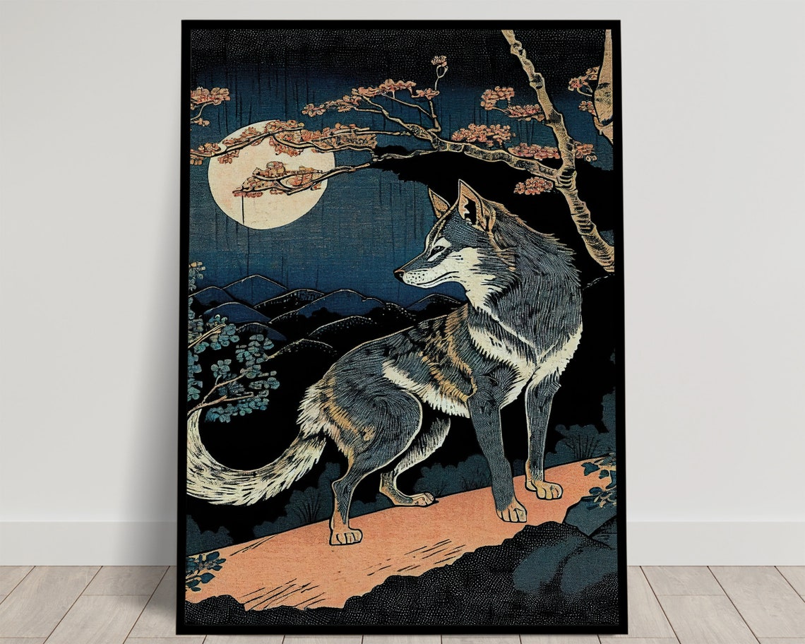 Wolf Beneath The Full Moon Japanese Ukiyo E Woodblock Style Art Poster