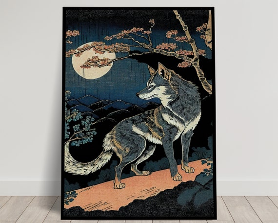 Wolf And Moon Wall Poster Japanese Art Style Illustration Wolf Wall Decoration Niponne Wall Poster To Frame