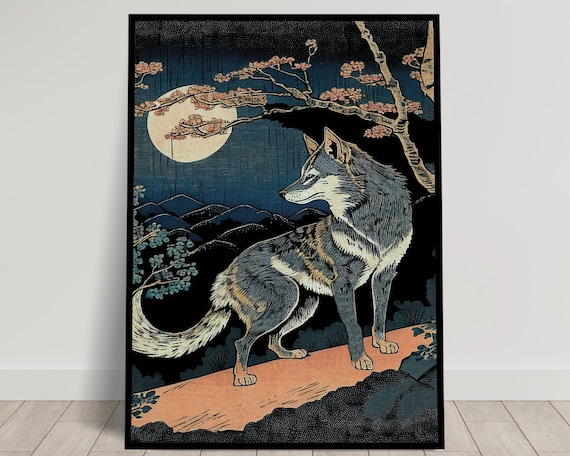 Wolf Beneath The Full Moon Japanese Ukiyo E Woodblock Style Art Poster
