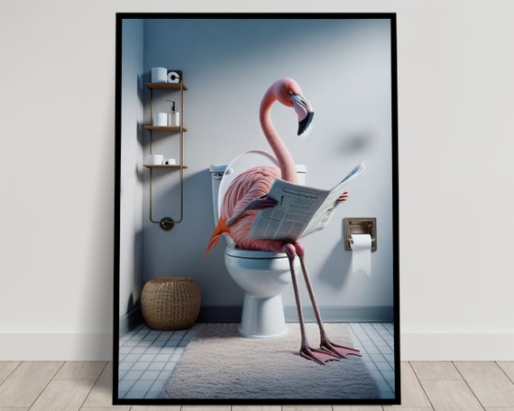 Photograph Of A Flamingo Reading The Newspaper On The Toilet Funny Bathroom Decor Bathroom Wall Art Wc Toilet Poster Unique Funny Gift