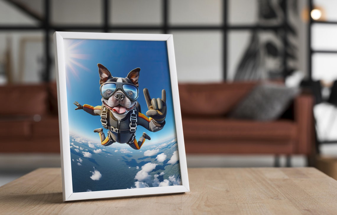 Boston Terrier Skydiving Rock On Sign Epic Freefall Dog Poster - Image 4