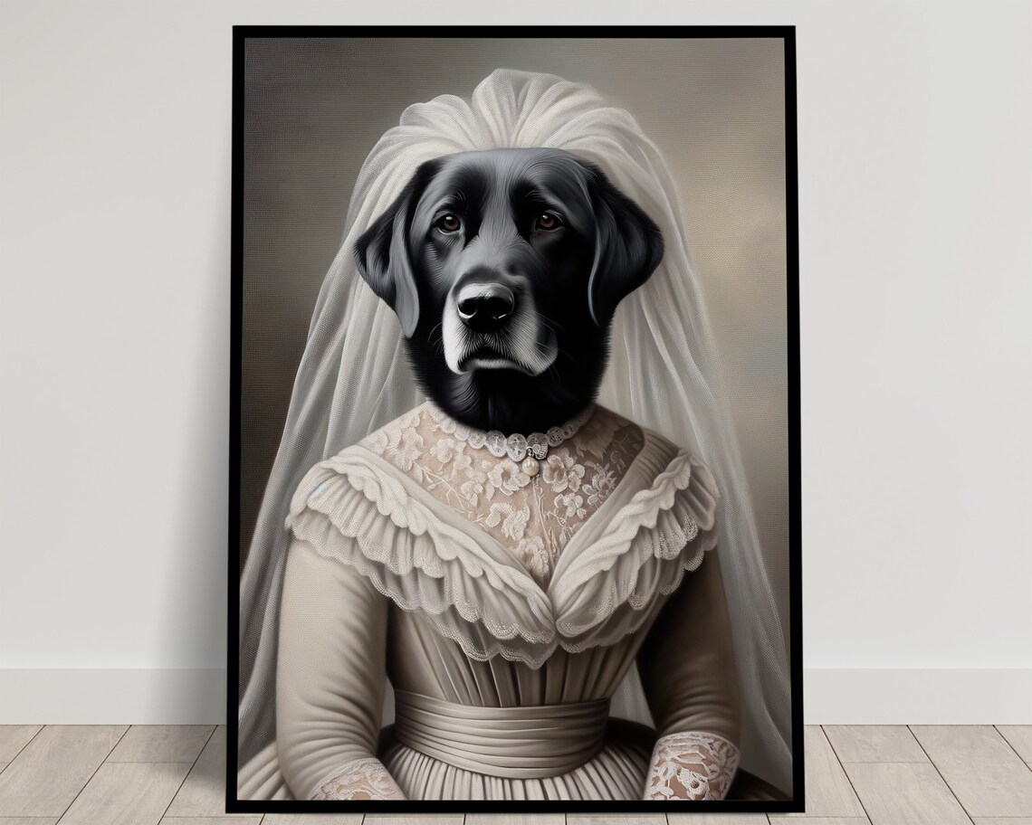 Black Labrador Wedding Dress Portrait Vintage Bride Dog Funny Wall Art