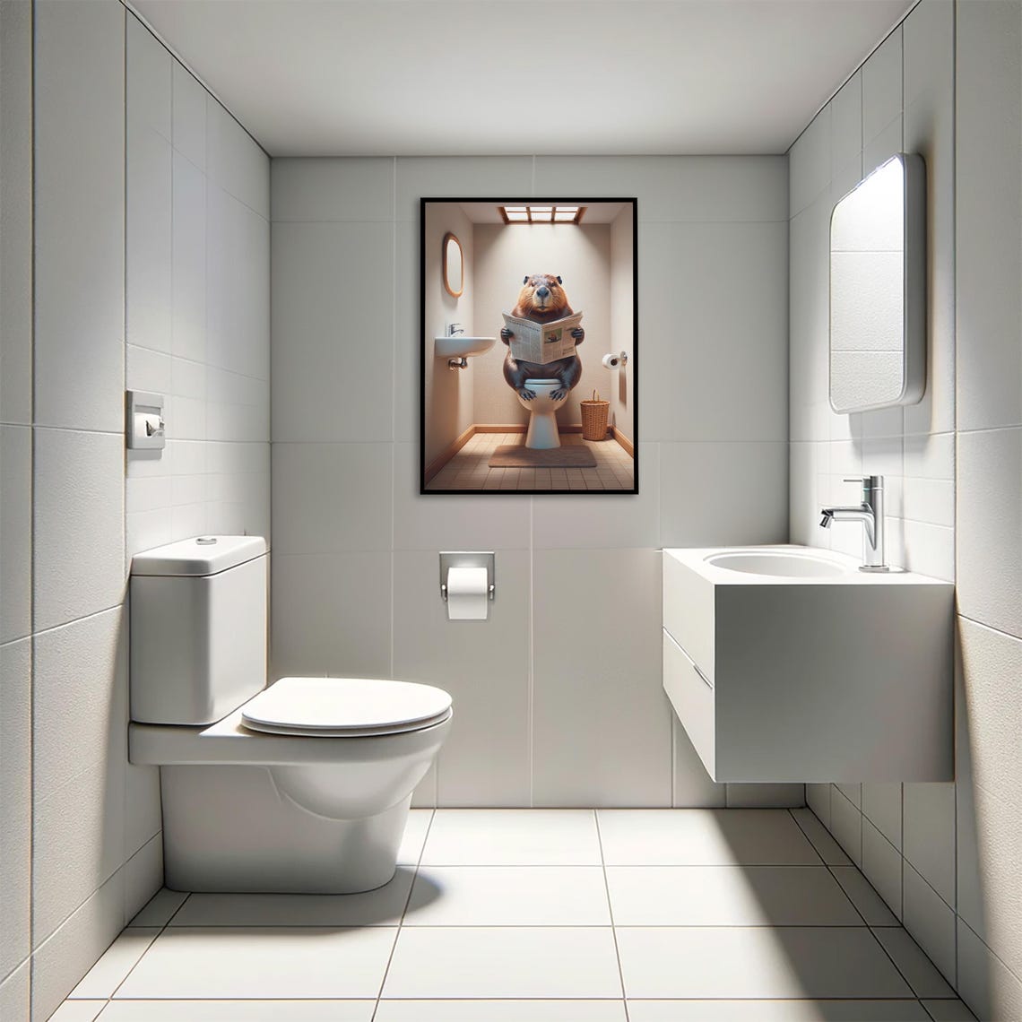 Beaver Reading the Newspaper on the Toilet Funny Bathroom Poster - Image 4