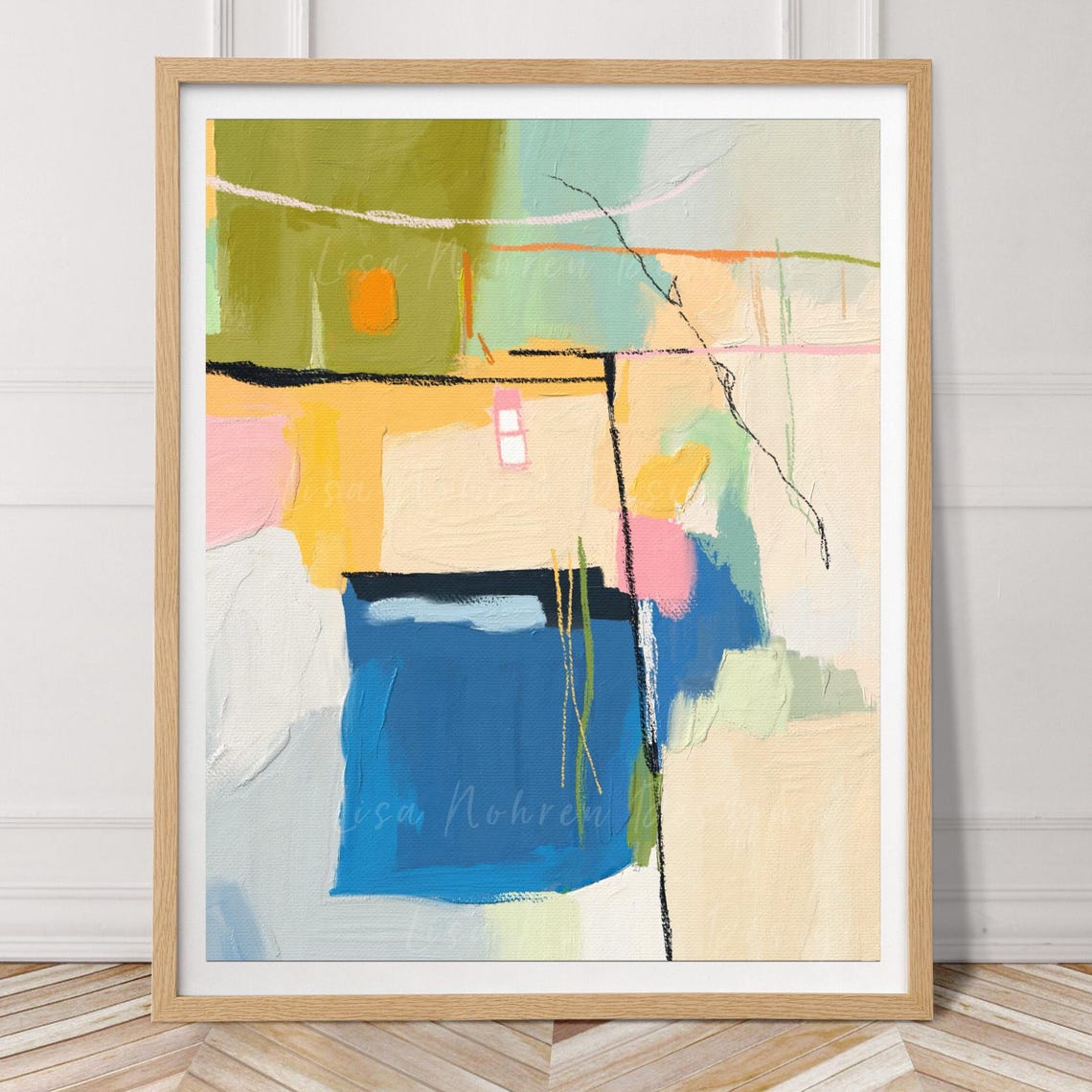 Soft Pastel Abstract Blocks Painting Blue Olive Peach Poster