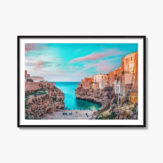Puglia Italy Polignano a Mare Turquoise Cove Sunset Photo Poster
