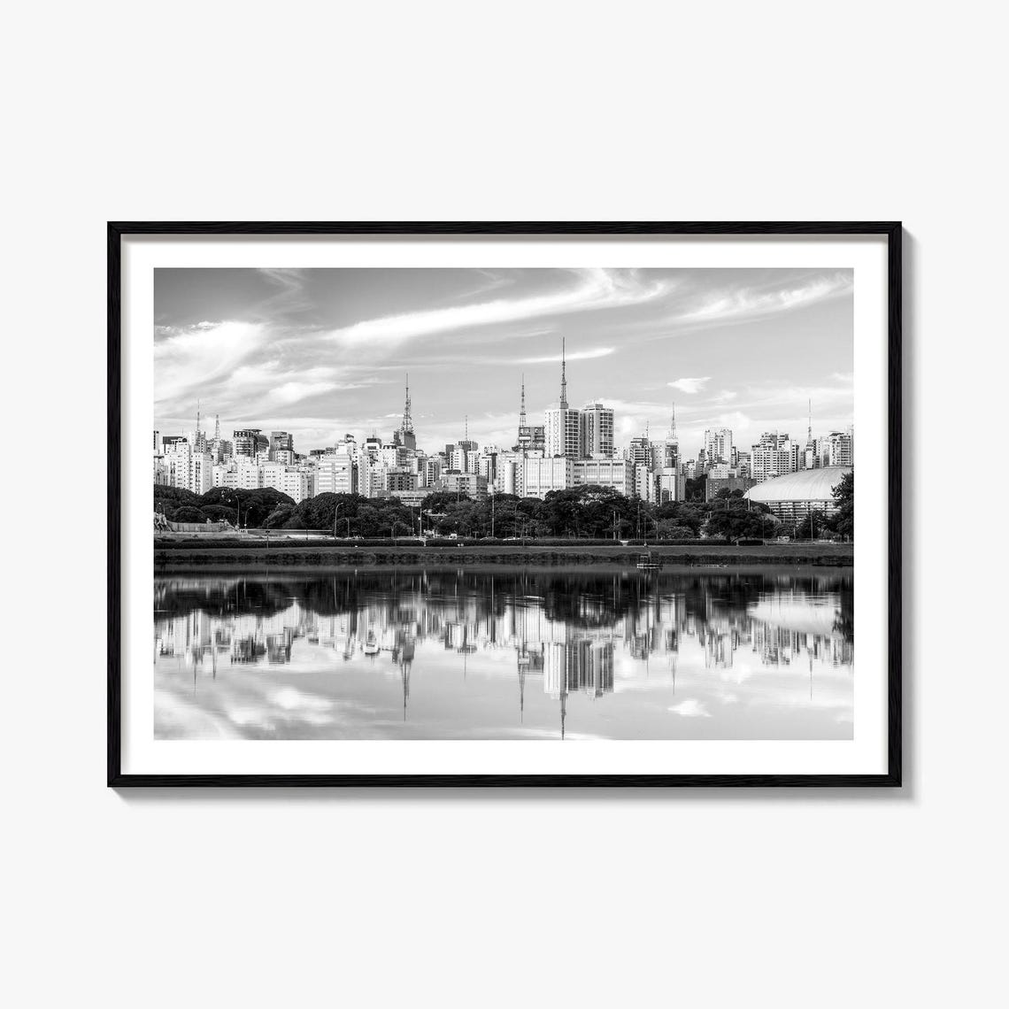 Sao Paulo Brazil Skyline Mirror Lake Reflection Black And White Poster