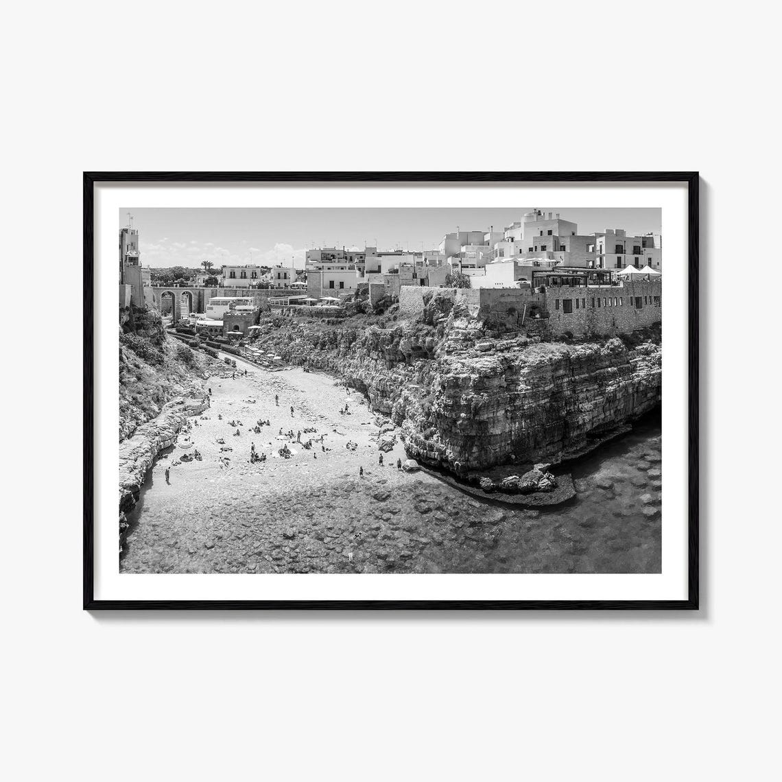 Bari Italy Cliffside Coastal Cove Old Town Black White Poster