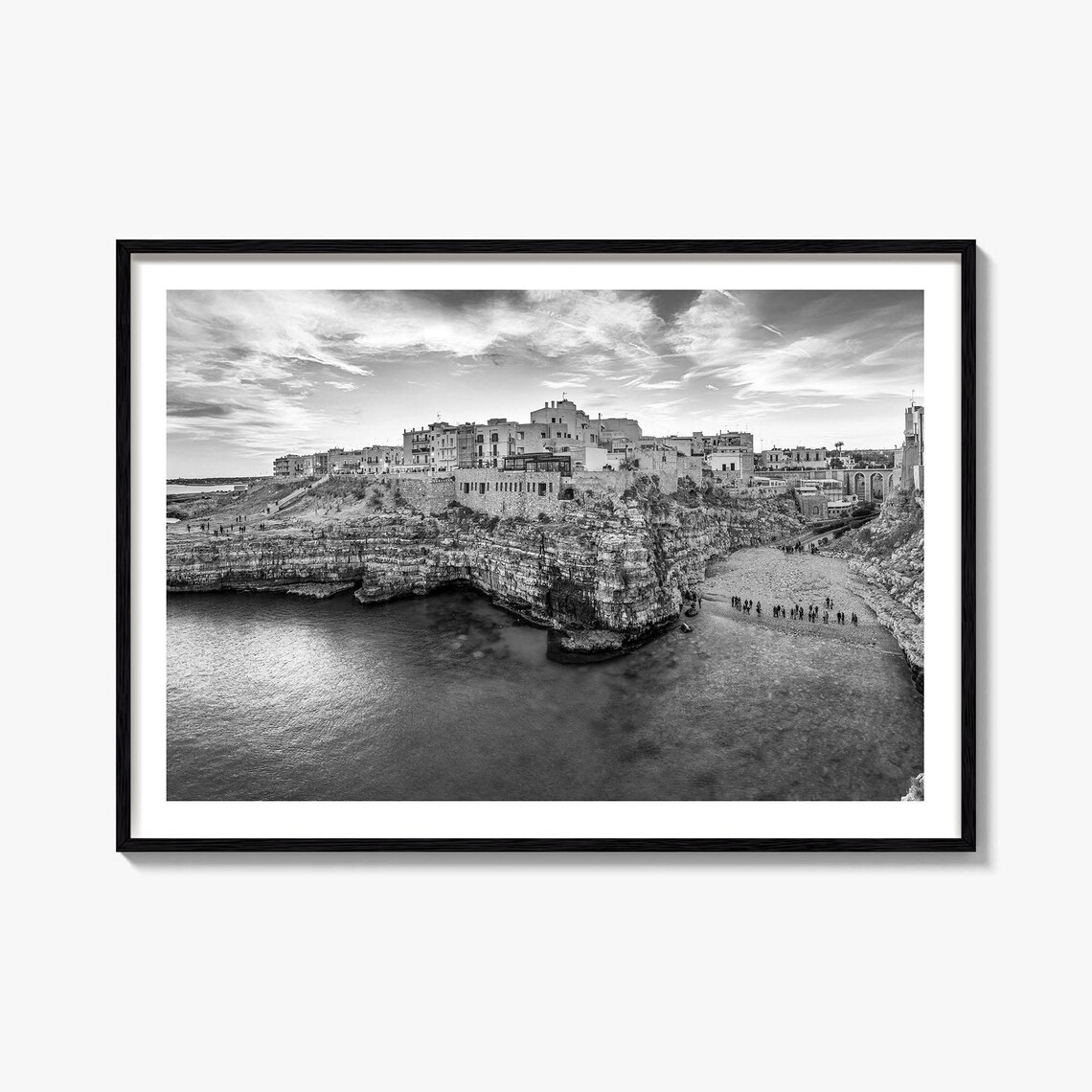 Puglia Italy Polignano Cliffs Sea Town Black and White Photo Poster